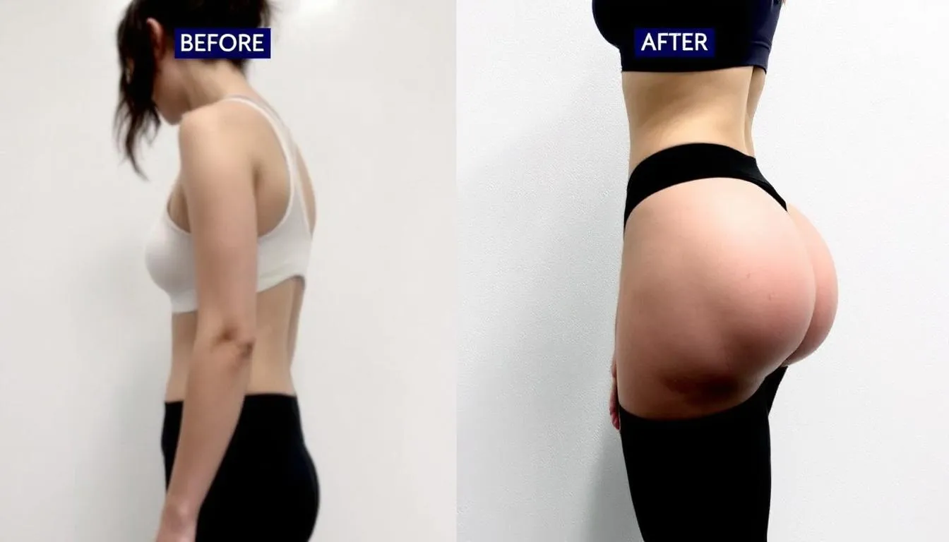 L'immagine mostra un confronto prima e dopo un intervento di gluteoplastica, evidenziando l'aumento del volume dei glutei grazie all'utilizzo di protesi glutee. Si possono notare i cambiamenti significativi nella forma e nell'aspetto del lato B, che appare più tonico e scolpito.