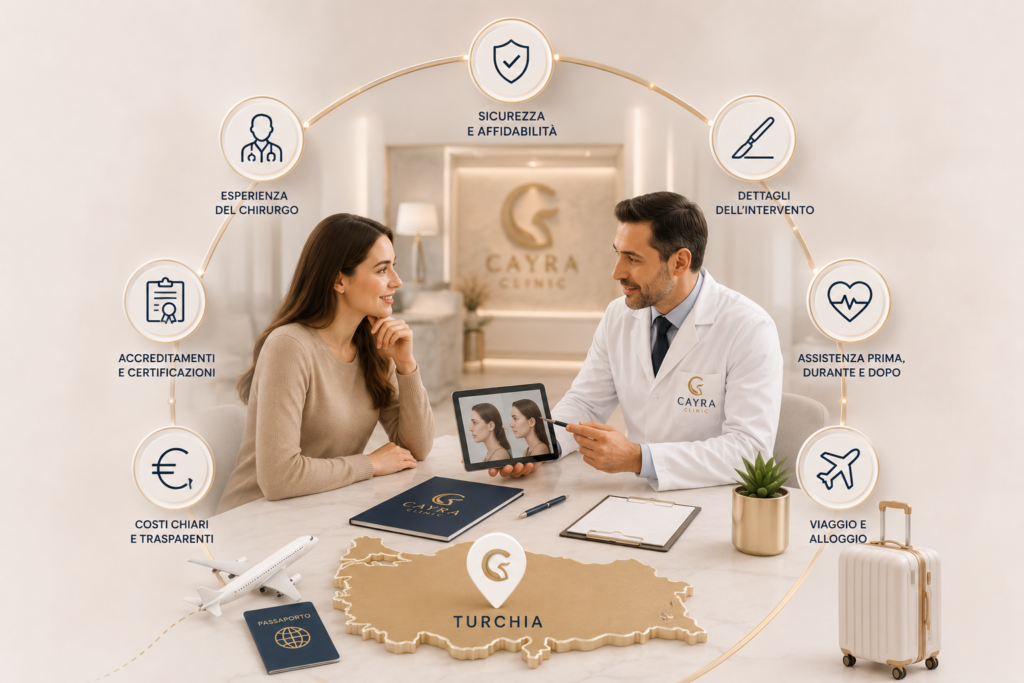 Consultazione di chirurgia estetica in Turchia con medico esperto, assistenza completa e supporto viaggio presso Cayra Clinic.