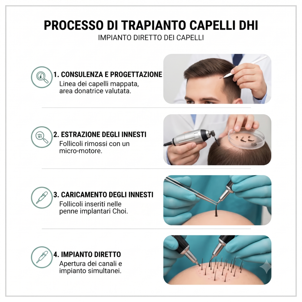 Il processo di trapianto di capelli DHI