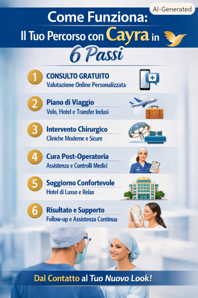Infografica sul percorso del paziente con Cayra in 6 passi, dal consulto gratuito al risultato finale