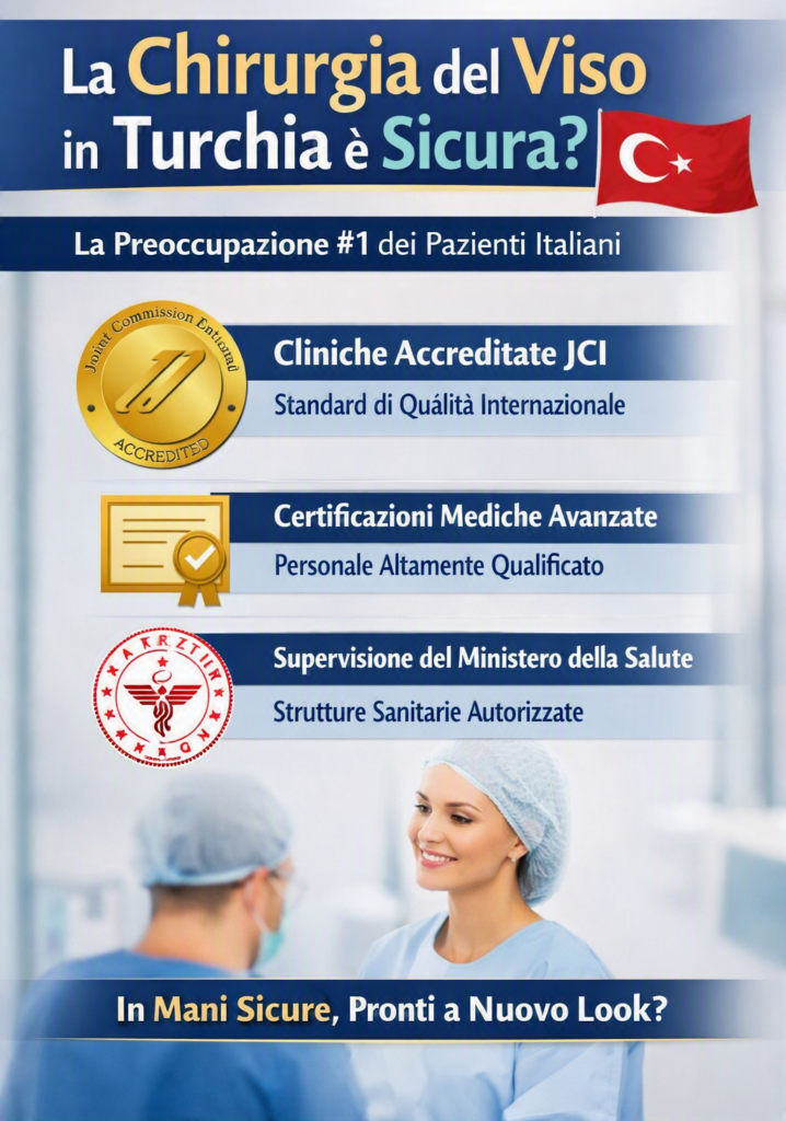 Infografica sulla sicurezza della chirurgia del viso in Turchia con accreditamento JCI e supervisione ministeriale